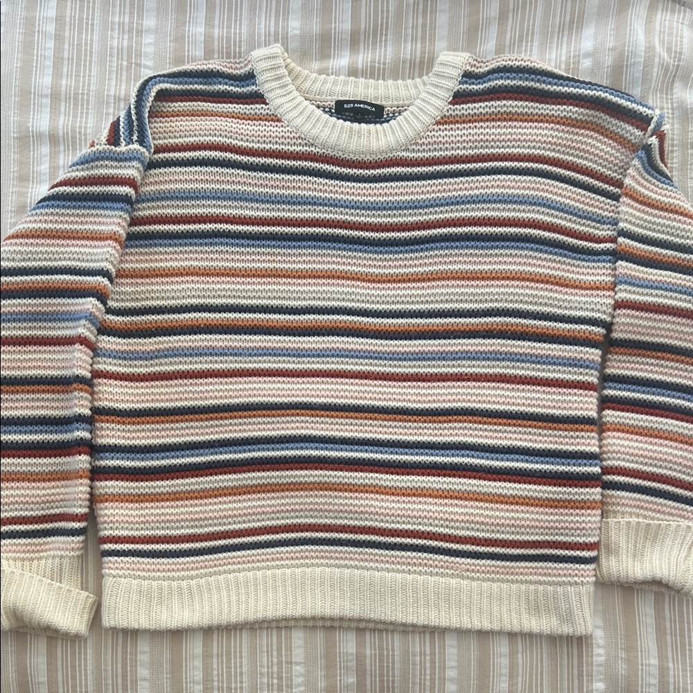 525 America Striped Knit Sweater in Cream and Blue